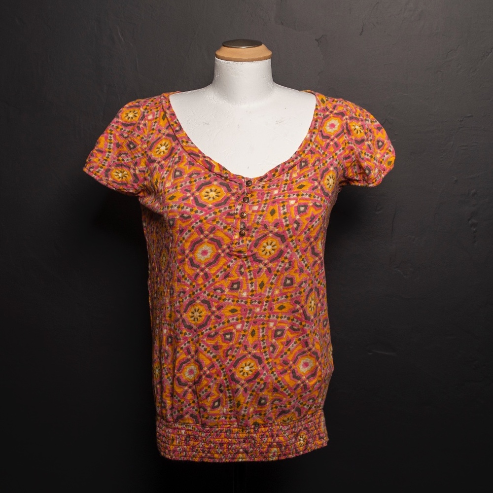 Lucky Brand Geometric Floral Short Sleeve Top Sz S